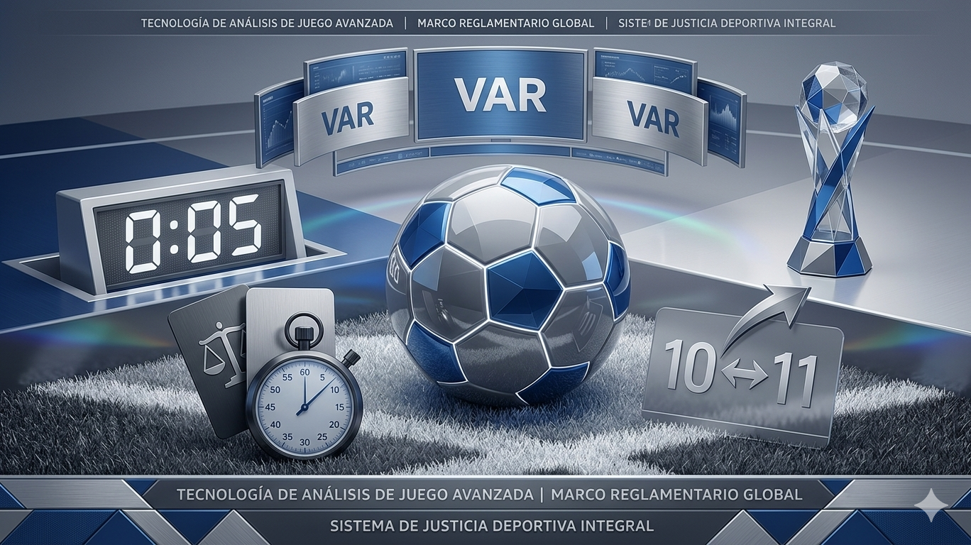 Ilustración VAR, cronómetro y sustituciones — Reglas 2026/27